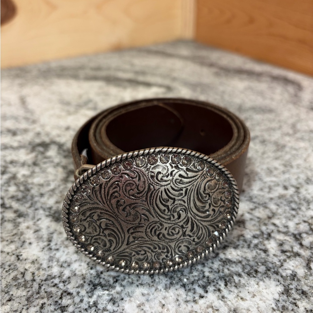 American Eagle Outfitters Brown Leather Belt with Ornate Silver Buckle